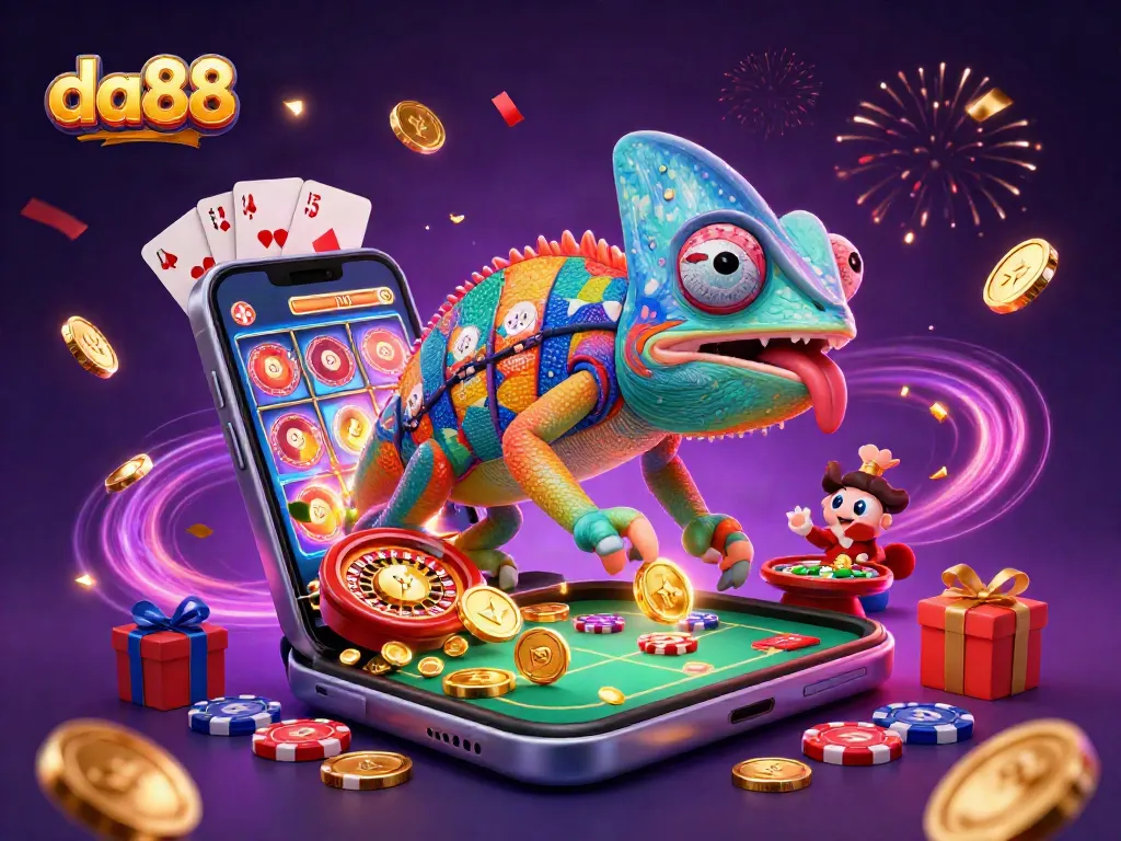 Engage with da88's vibrant casino world featuring a colorful chameleon mascot collecting coins.