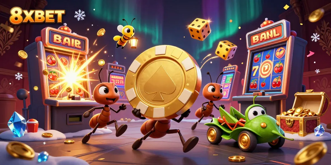 Engage in thrilling gameplay adventures at 8XBET as a cartoon team of ants carries a giant poker chip through a vibrant casino heist scene.