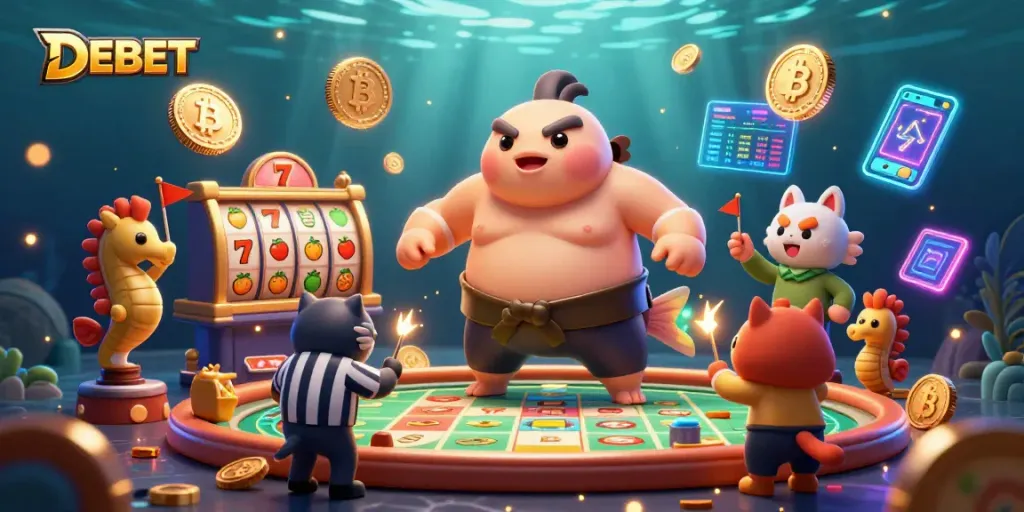 Engage in the DEBET underwater casino with a fugu referee amid vibrant slot reels and crypto elements.