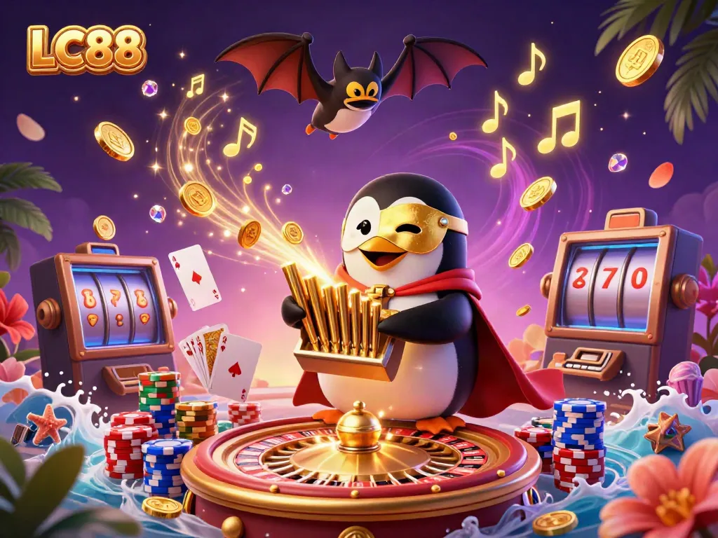 LC88 penguin playing organ, shooting coins, surrounded by casino elements and golden musical notes.