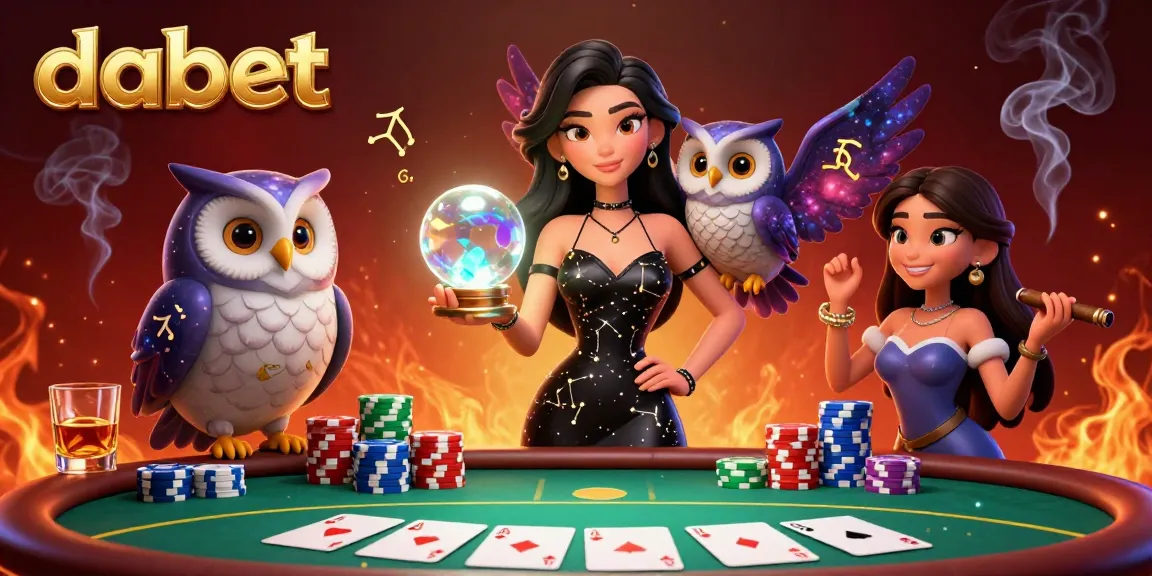 Dabet tables come alive with poker chips, cards, and a mystical atmosphere in an energetic casino scene.