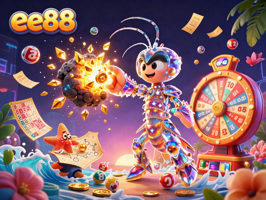 Bouncing lottery balls and vibrant game elements surround ee88 in a thrilling casino scene.