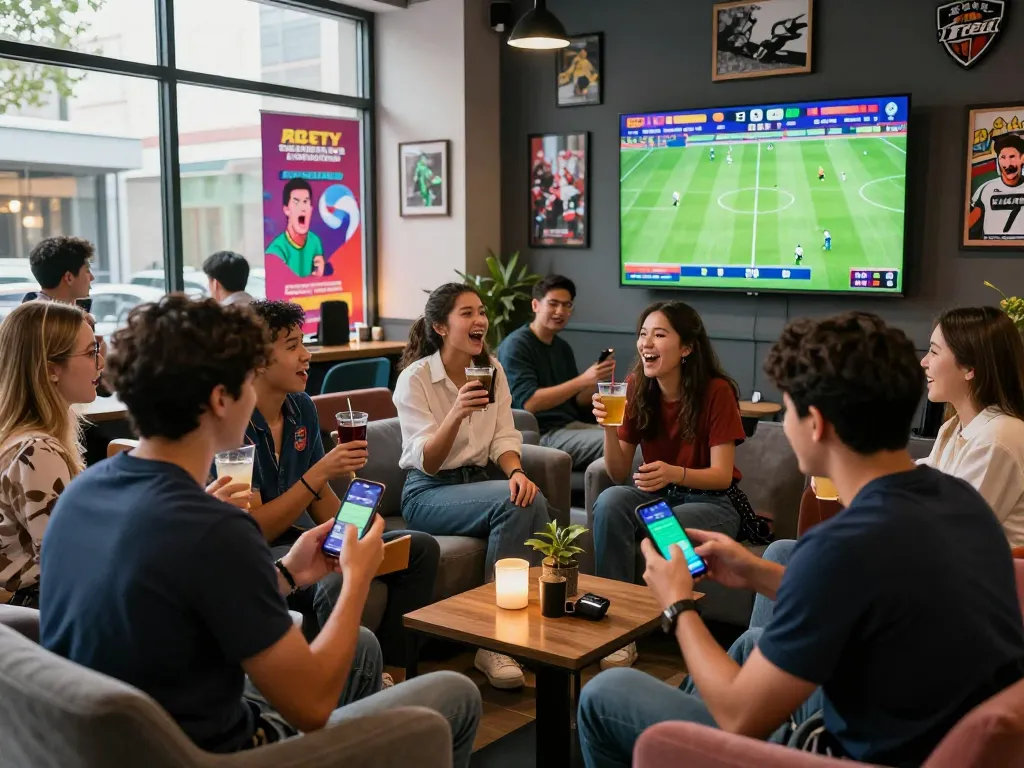 Exciting Fa bet sports betting lounge with friends celebrating and engaging with live matches.