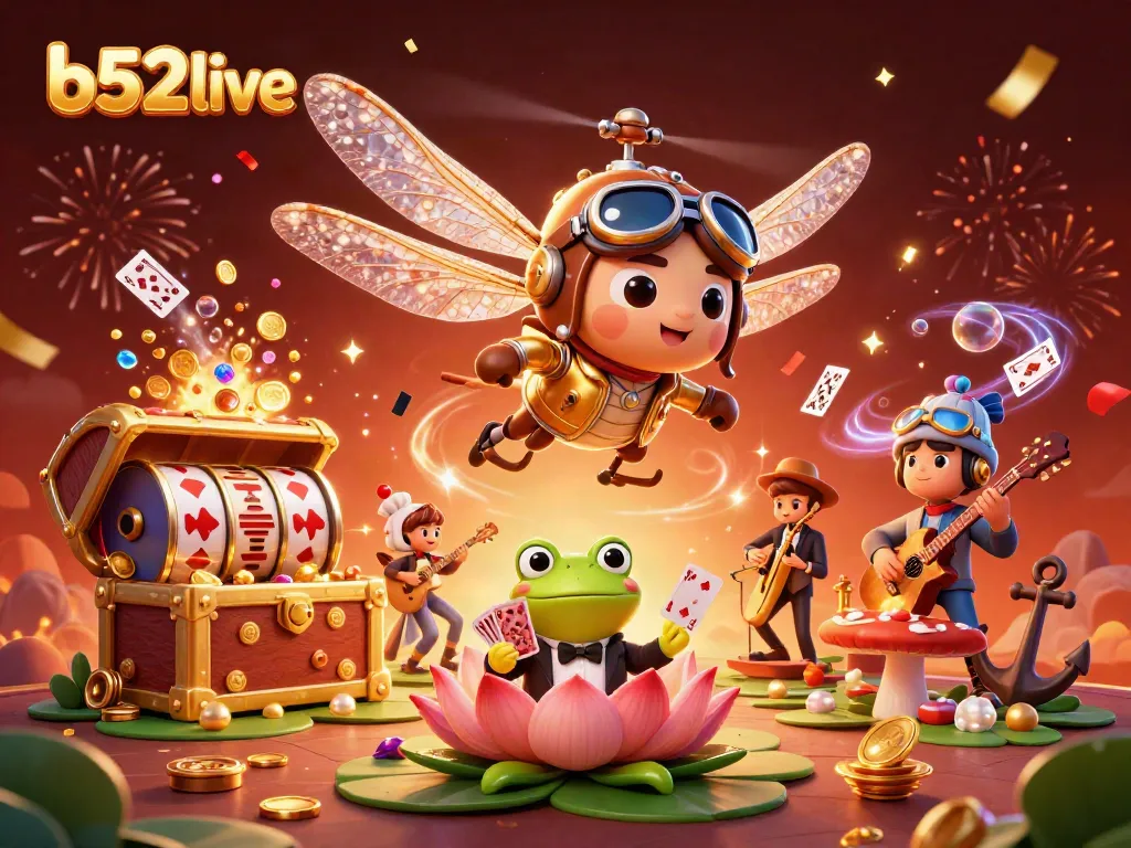 B52live showcases a lively 3D casino scene with a dragonfly pilot, frog dealer, and jazz musicians, capturing a vibrant gambling atmosphere.