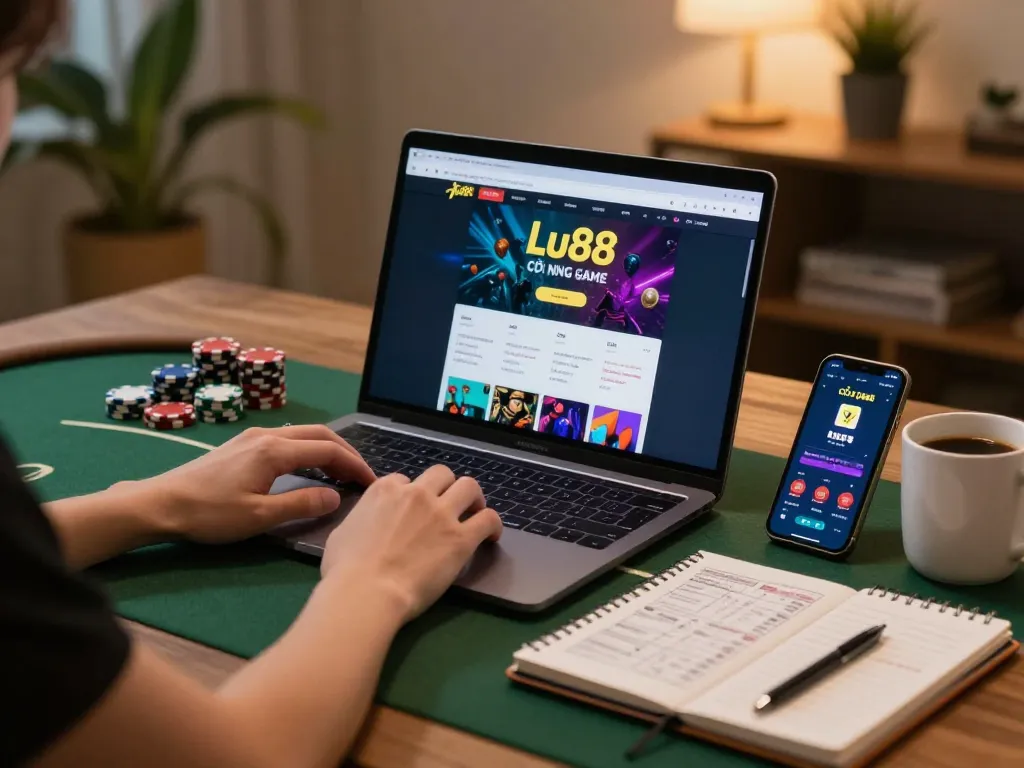 Engaging moment with a user at Cổng game Lu88 on a laptop, showcasing gaming strategies in a cozy setting.