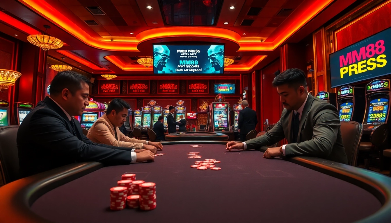 Play poker at a lavish casino table featuring MM88 PRESS branding for ultimate excitement.