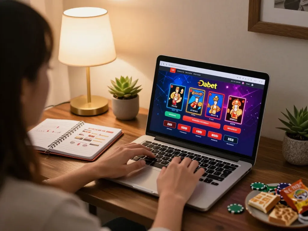 Dabet casino player strategizing at home with laptop and notebook during online gaming session