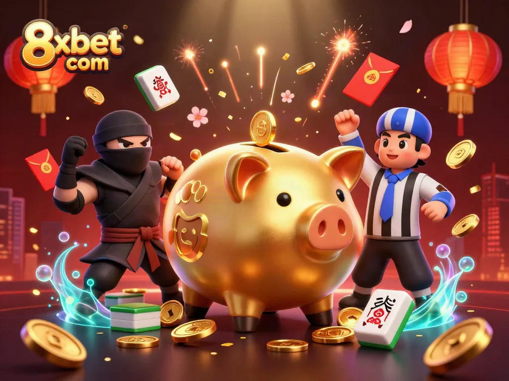 Experience the thrill at 8xbet com with a dynamic gaming scene featuring vibrant characters and casino elements.
