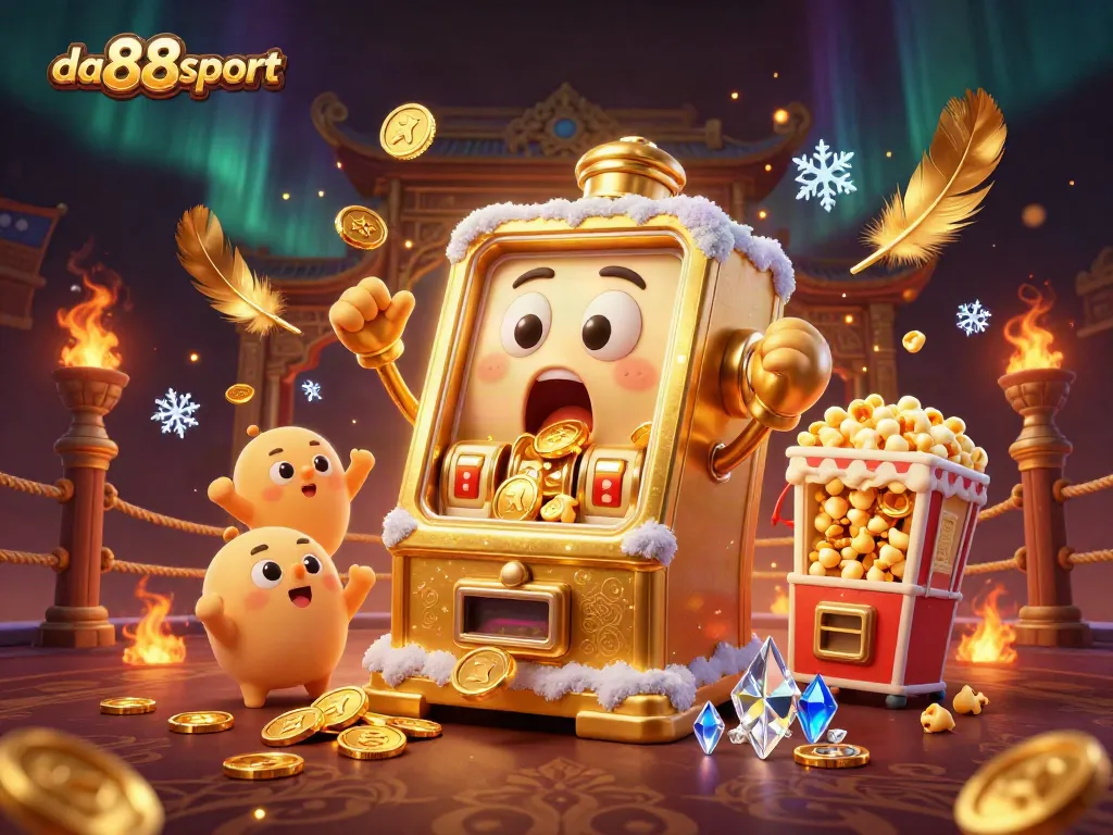 Engage with da88sport's thrilling gaming scene featuring a joyful slot machine hitting a jackpot.