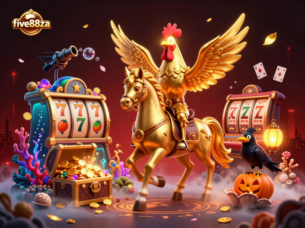 Experience thrilling fun with five88za in a vibrant casino scene featuring golden rooster and enchanting lights.