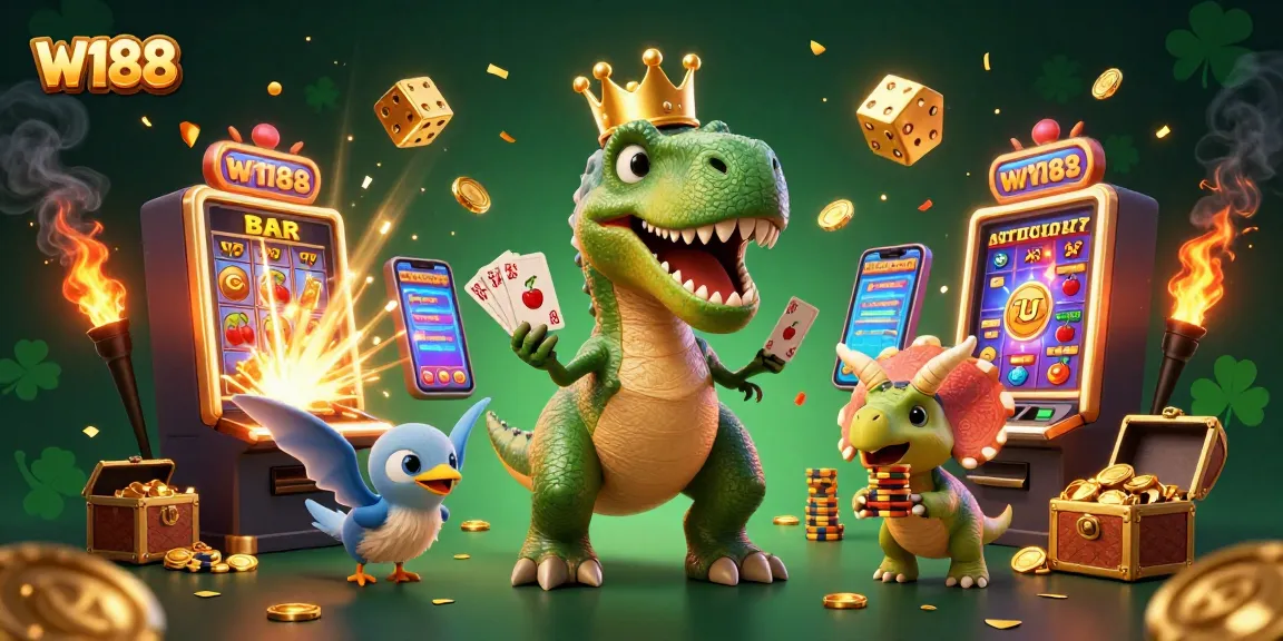 W188-themed casino graphics showcasing a T-Rex, a pterodactyl, and a triceratops in a vibrant gaming scene.