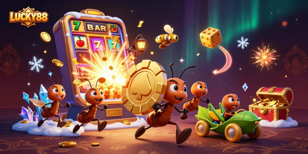 Experience the excitement of LUCKY88 with a dynamic heist illustration featuring ants and gambling elements.