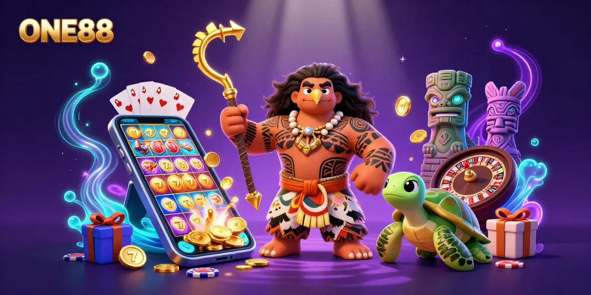 Engage with ONE88's vibrant world of online gambling featuring lively characters and dynamic gaming elements.