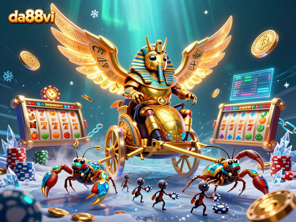 Engage players with da88vi's vibrant casino scene featuring slot reels and golden scarab.
