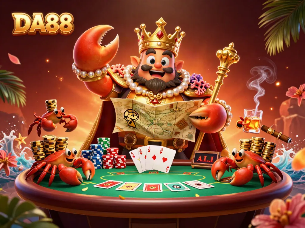Experience thrilling gameplay at DA88 with a vibrant illustration of a golden crab emperor and unique poker elements.