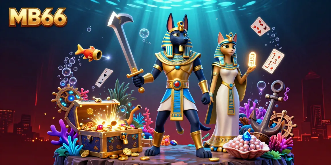 Experience the vibrant MB66 casino atmosphere with Anubis and Bastet, rich with golden treasures and playful gambling elements.
