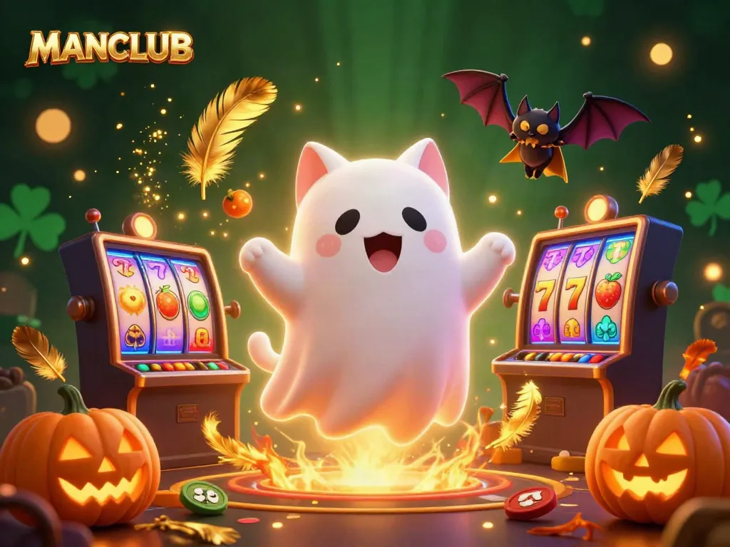 Engage with MANCLUB's thrilling casino adventure featuring a ghost cat and vampire bat amidst vibrant slots.