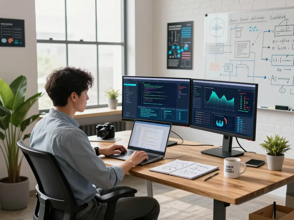 Data scientist at modern analytics workspace with vibrant dashboards from https://thscrore.app/ showcasing insights and collaboration.