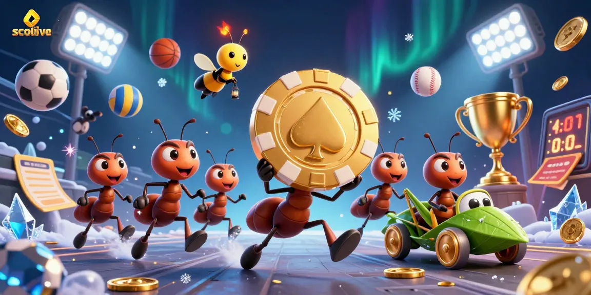 Socolive showcases thrilling soccer action with dynamic 3D ants carrying a giant poker chip amidst exciting betting elements.