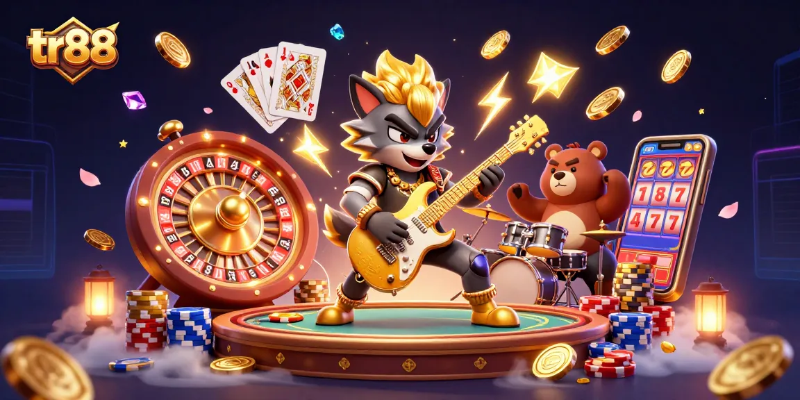 Enjoy tr88 action with a vibrant casino scene featuring a rocker wolf and a drummer bear.