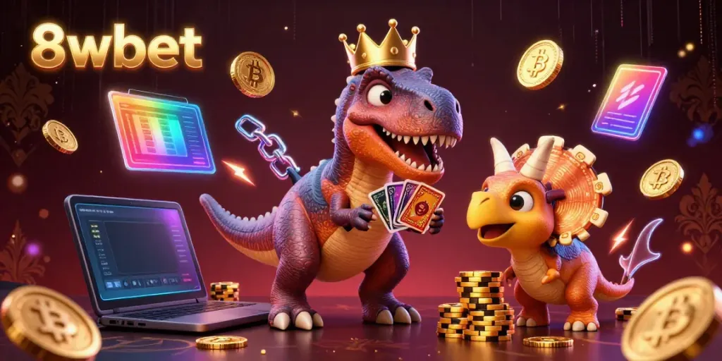 Engage in thrilling games at 8xbet with T-Rex card shuffling and dinosaur friends stacking chips.
