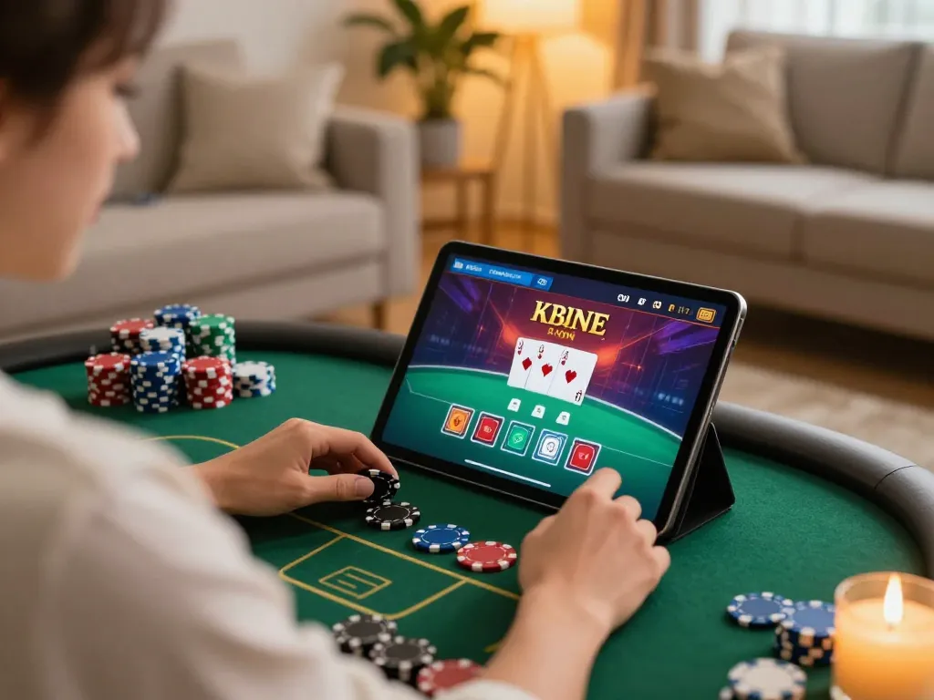 Engaging poker gameplay at home with Lu88 on a tablet, showcasing a cozy gaming atmosphere.