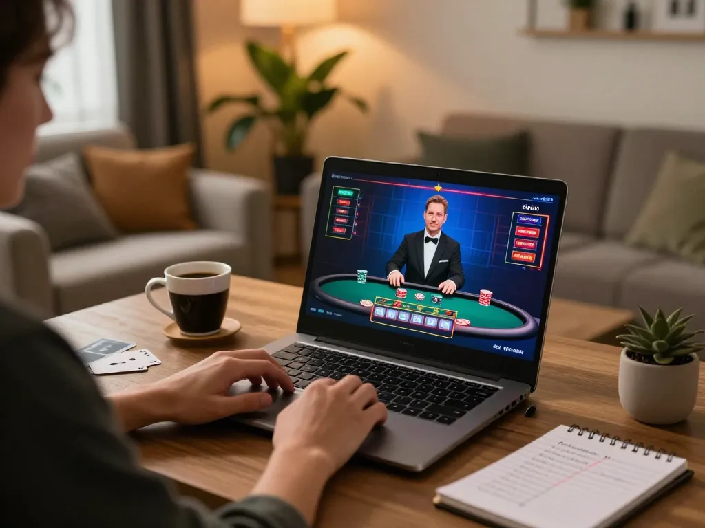 Engaging in live dealer blackjack on 9betgame with strategic notes visible, cozy home setting.