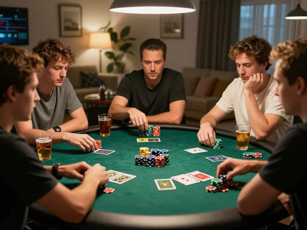 https://tx88at.com/ friends enjoy a thrilling poker night with colorful chips and competitive atmosphere.