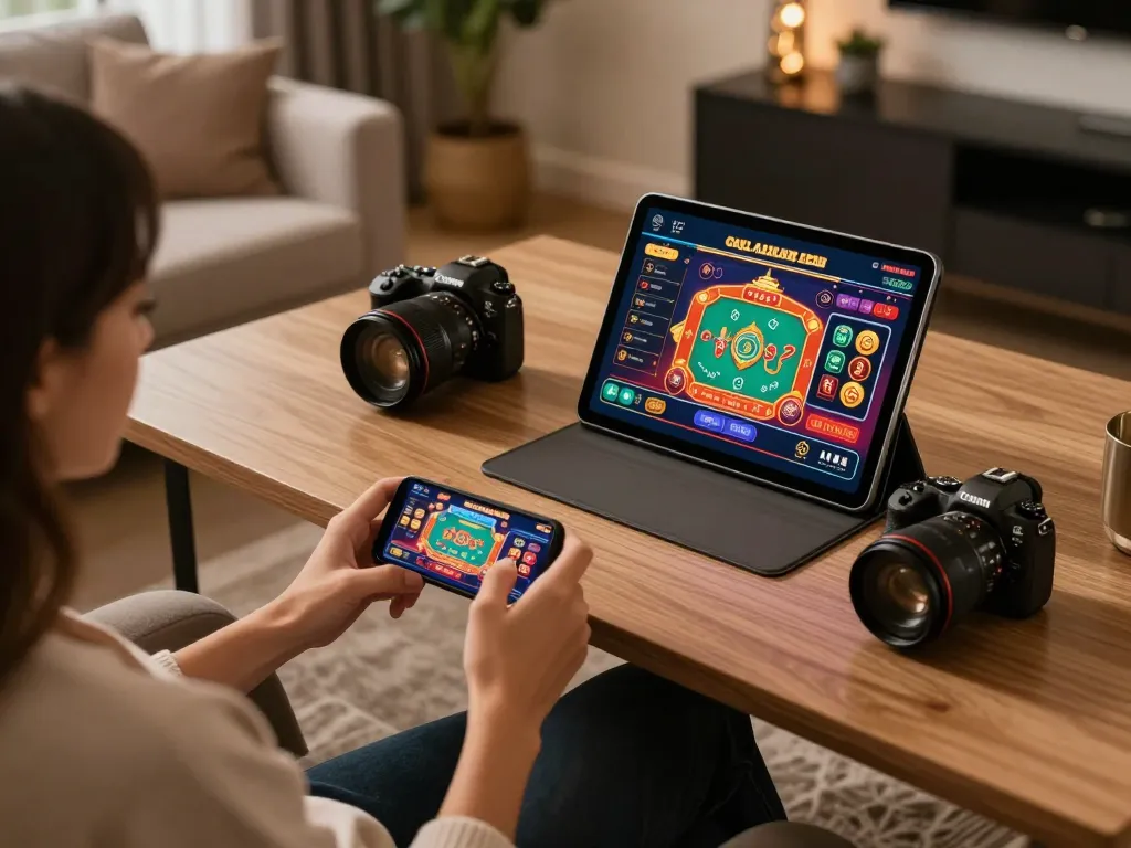 Engaging in live casino games at TIP88 with modern devices, showcasing a vibrant online gaming atmosphere.