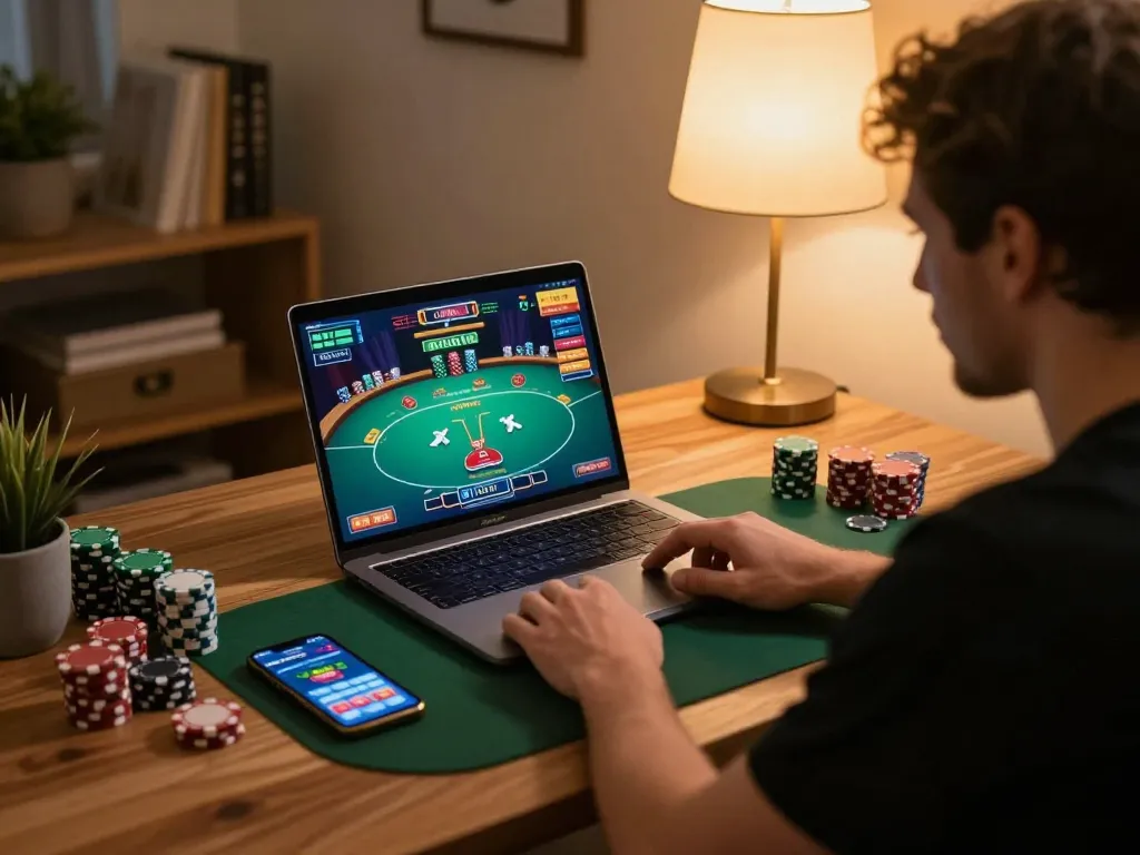 Player engaging with poker game at home using RR 88 betting app, showcasing responsible gaming