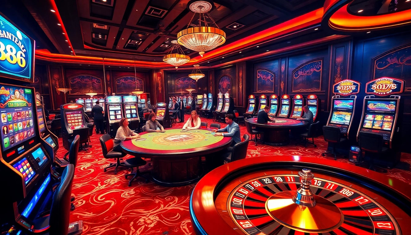 An exciting casino scene showcasing 888NEW with players at a poker table and vibrant slot machines.
