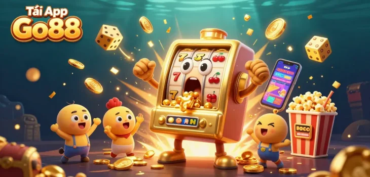 Tải App Go88 for quick gaming access, showcasing a celebrating golden slot machine with dynamic gaming elements.