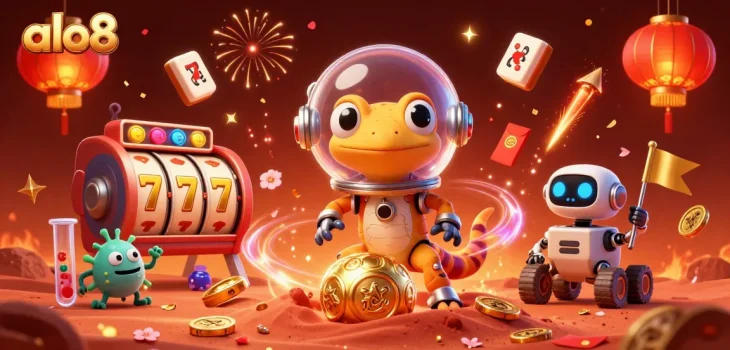 Alo8 casino features a Martian gecko discovering a golden casino packed with jackpots and festive decor.