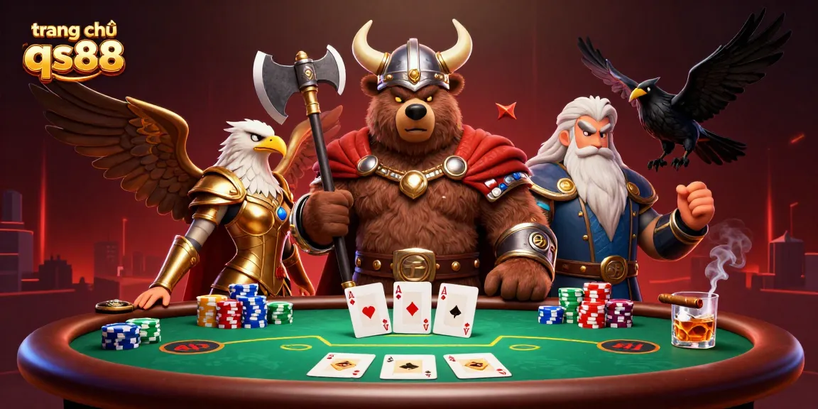 Experience thrilling poker action at trang chủ qs88 with a Viking berserker and Valkyrie in a vibrant casino scene.