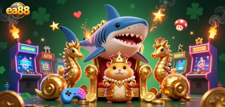 Experience thrilling games at EA88, where the golden hamster king reigns in a lively casino scene.