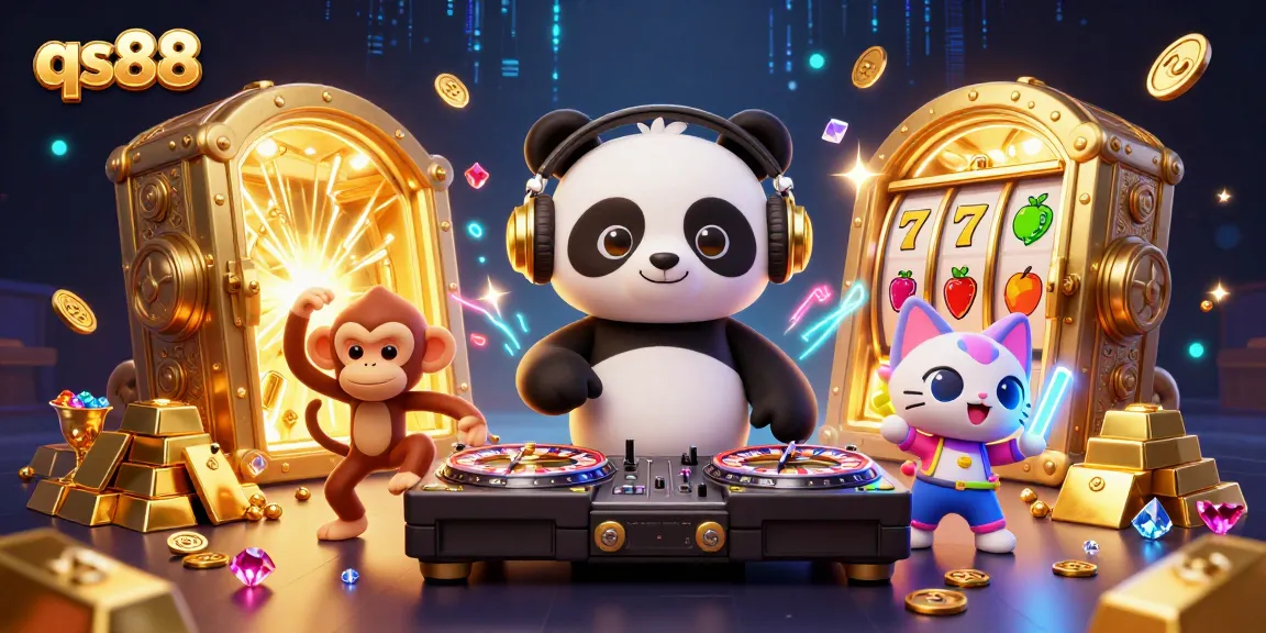 Experience the excitement at qs88 with vibrant 3D characters dancing and gaming around a treasure vault.