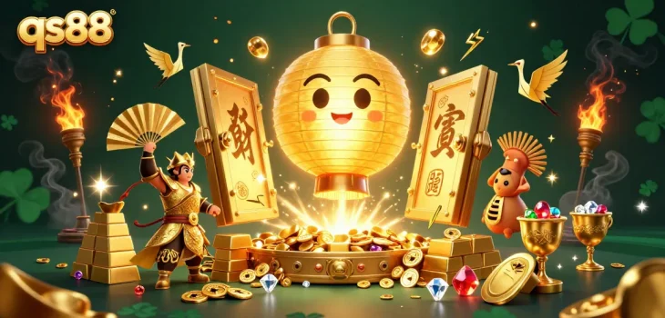 Engage with qs88's vibrant casino spirit, floating among treasures and luck symbols in a dazzling scene.
