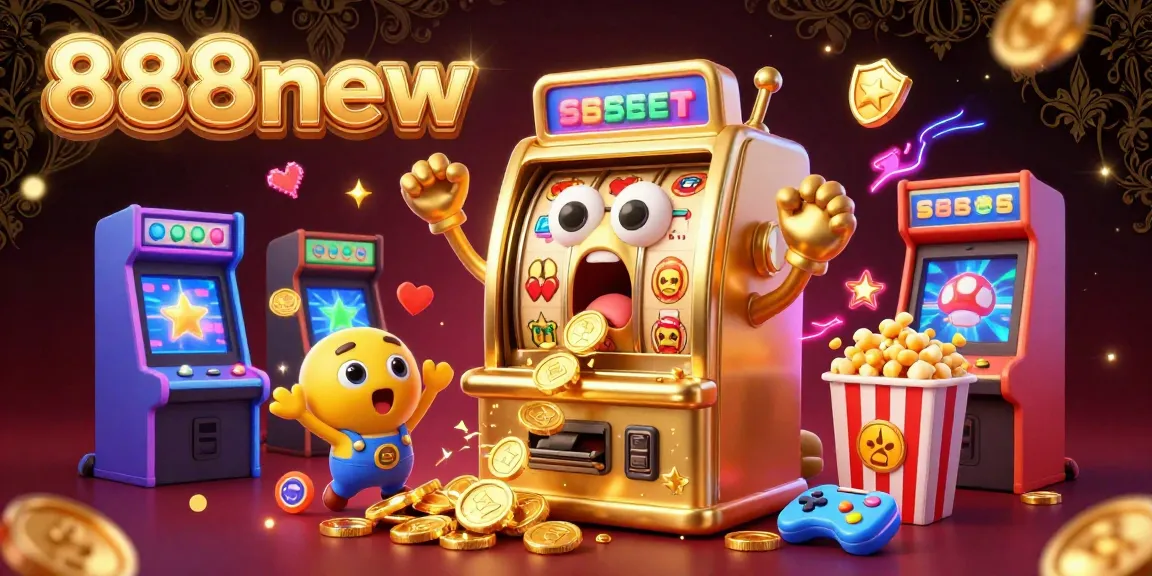 Experience the thrills of 888new with a dynamic scene of golden slot machines and arcade games celebrating jackpots.