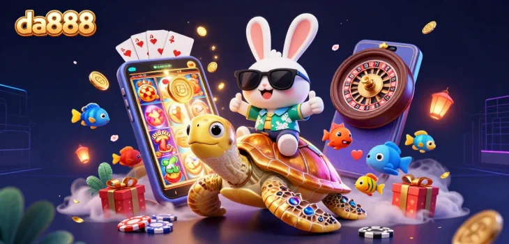 Win exciting prizes at da888 with a vibrant 3D lucky rabbit and golden sea turtle!