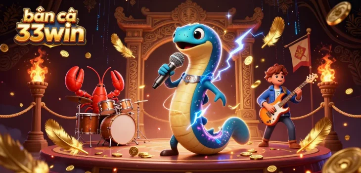 Bắn cá 33win showcases an exciting underwater casino scene with a DJ eel and dynamic band.