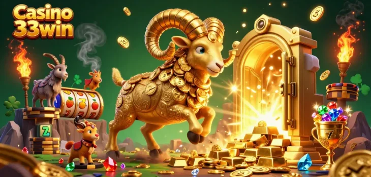 Experience the vibrant action of Casino 33win with a massive golden ram charging through majestic casino treasures.