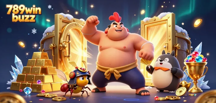 Join the exciting world of 789win buzz with cartoon characters enjoying casino riches!