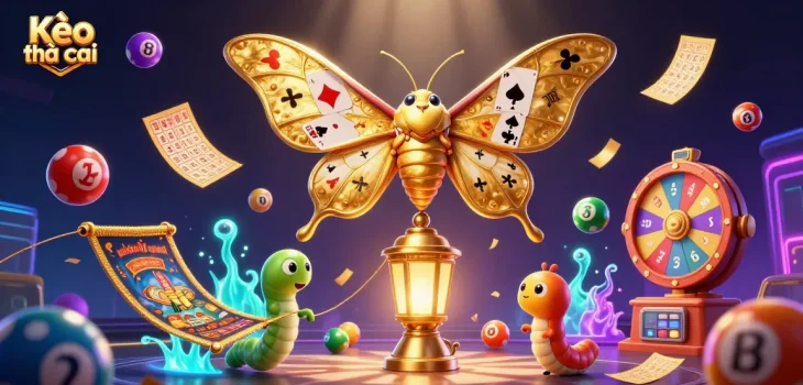 Kèo nhà cái showcases vibrant lottery balls and a majestic moth in a captivating casino scene.