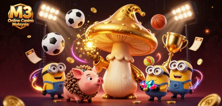 M3 Online Casino Malaysia showcases thrilling gaming excitement with a golden mushroom wizard, vibrant sports elements, and treasure.