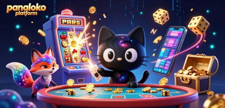 Experience the excitement of the panaloko platform with a black hole cat and colorful fox in a vibrant casino scene.