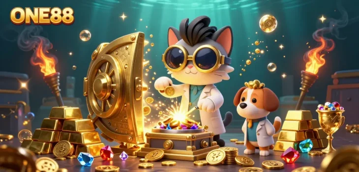 ONE88 showcases a thrilling lab scene with a mad scientist cat and assistant, surrounded by treasures.