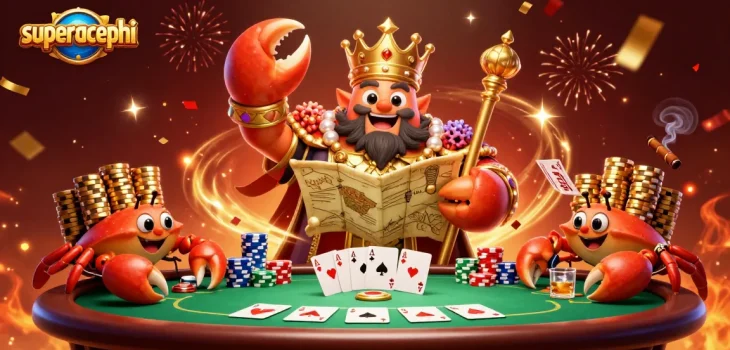 Experience thrilling poker action at superacephi with a golden crab emperor and vibrant casino elements.