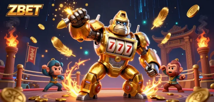 ZBET offers a thrilling gambling experience with a powerful golden gorilla mech surrounded by dynamic casino elements.